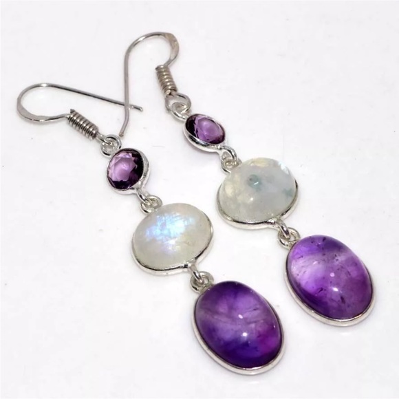 Earth Art hand crafted artisan Jewelry - Rainbow moonstone earrings and Amethyst earrings
